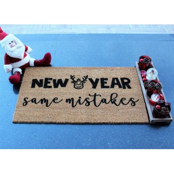 Covoras de intrare, New Year Same Mistakes, 70x40 cm, Fibra de cocos, Maro / Negru ieftin