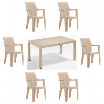 Set gradina cu masa CLASSI 90x150 cm + 6 scaune ELEGANCE 62x57x88 cm, model ratan, cappuccino