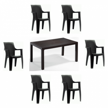 Set gradina cu masa CLASSI 90x150 cm + 6 scaune ELEGANCE 62x57x88 cm, model ratan, maro