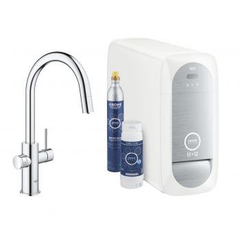Baterie bucatarie Grohe Blue Home Duo cu dus extractibil pipa C sistem filtrare racire si carbonatare starter kit crom la reducere