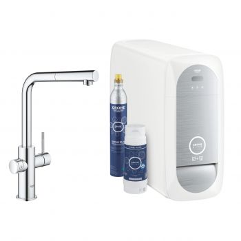 Baterie bucatarie Grohe Blue Home Duo cu dus extractibil pipa L sistem filtrare racire si carbonatare starter kit crom la reducere