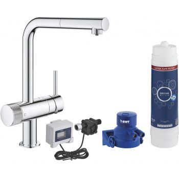 Baterie bucatarie Grohe Blue Pure Minta cu dus extractibil pipa L si sistem filtrare Ultrasafe starter kit crom la reducere