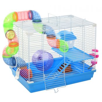 PawHut Cusca pentru hamster cu 2 niveluri cu rezervor de apa, tava detasabila, tunel si roata pentru hamster, 46x30x37cm, albastru si alb