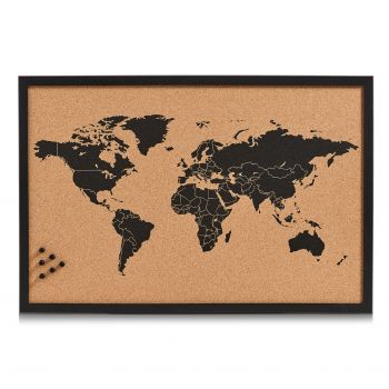 Panou din pluta cu rama de lemn, Pin Board Worldmap Negru, L60xl40 cm