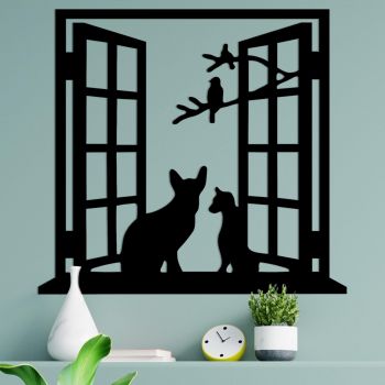 Decoratiune de perete Metal Cat In The Window, Negru, 0.15x92x100 cm