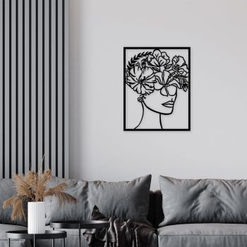 Decoratiune de perete Metal Flower Woman, Negru, 75x1x60 cm