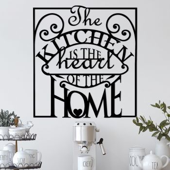 Decoratiune de perete Metal The Kitchen Is The Heart Of The Home, Negru, 0.15x53x56 cm