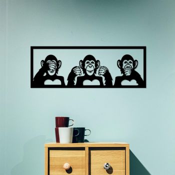 Decoratiune de perete Metal Three Monkeys - L, Negru, 36x1x100 cm