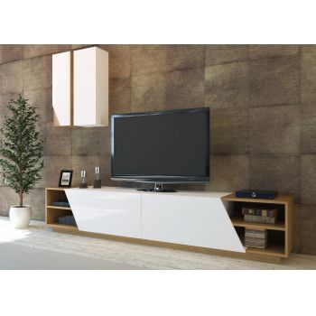 Comoda Tv cu biblioteca Babilcu usi si rafturi, Alb, 240 x 47 x 38 cm ieftina