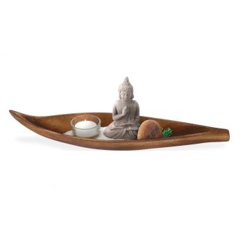 Decoratiune cu lumanare Buddha in canoe, 37x9.5x3.5 cm, lemn