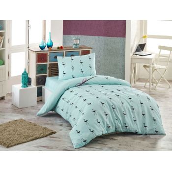 Set lenjerie de pat pentru o persoana Single XL (DE), 2 piese, Flamingo - Mint, Eponj Home, 65% bumbac/35% poliester