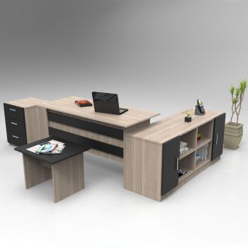 Set de mobilier de birou Bexon, Nuc - Alb - Stejar, Birou - Comoda - Rollbox - Masuta