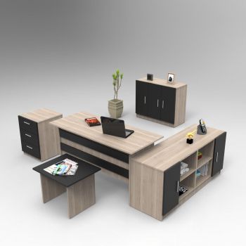 Set de mobilier de birou Linta 2, Nuc - Alb - Crem, 5 piese, Birou - Biblioteca - Consola - Masa - Rollbox