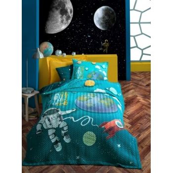 Lenjerie de pat pentru o persoana, 4 anotimpuri, Little Astronaut - Turquoise, Cotton Box, 3 piese, bumbac ranforce, turcoaz