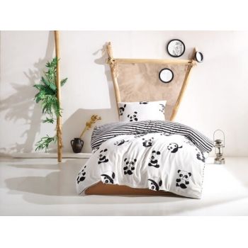 Lenjerie de pat pentru o persoana, EnLora Home, Panda Black White, 2 piese, amestec bumbac, alb/negru