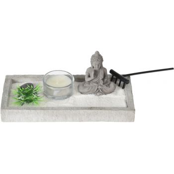 Decoratiune Buddha zen garden cu suport de lumanare, 19x10x8 cm, ciment, gri