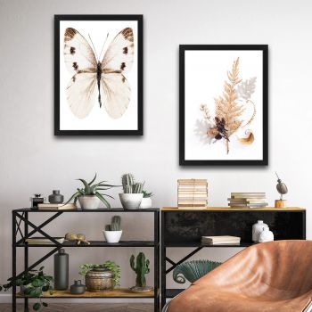 Set 2 tablouri decorative, Beige Butterfly Set, PAL, Hartie, Multicolor ieftin