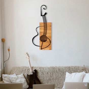 Decoratiune de perete, Gitar, lemn/metal, 39 x 13 cm, negru/maro