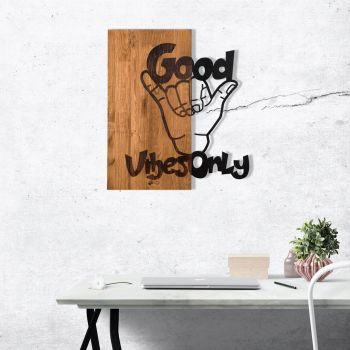 Decoratiune de perete, Good Vibes, lemn/metal, 50 x 58 cm, negru/maro