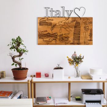 Decoratiune de perete, I Love You Italy, lemn/metal, 58 x 41 cm, negru/maro