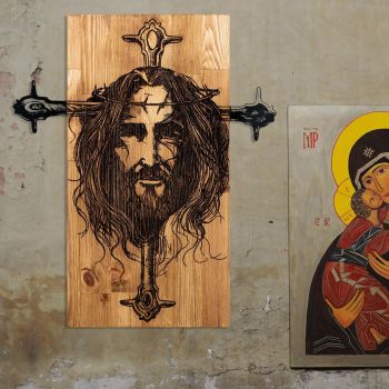 Decoratiune de perete, Jesus, lemn/metal, 48 x 57.5 cm, negru/maro