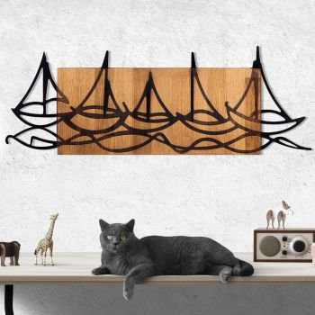 Decoratiune de perete, Ships in The Sea, lemn/metal, 86 x 31 cm, negru/maro