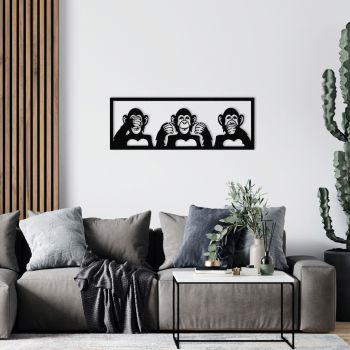 Decoratiune de perete, Three Monkeys-L, metal, 100 x 36 cm, negru