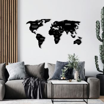 Decoratiune de perete, World Map 3, Metal, Dimensiune: 135 x 69 cm, Negru