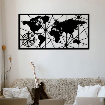 Decoratiune de perete, World Map Large Metal Wall Decor, metal, 120 x 60 cm, negru