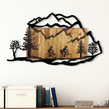 Decoratiune de perete, Bicycle Riding in Nature 2, Metal/lemn, 92 x 3 x 51 cm, Nuc / Negru