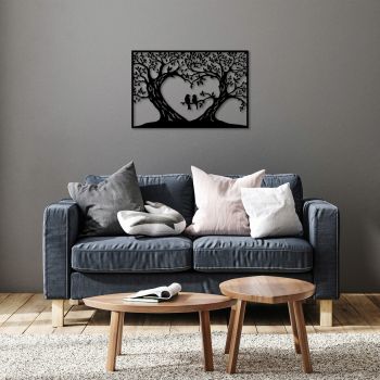 Decoratiune de perete, Birds Love, Metal, Dimensiune: 69 x 46 cm, Negru