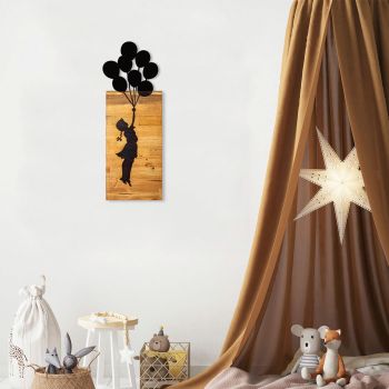 Decoratiune de perete, Chıld And Balloons, 50% lemn/50% metal , 30 x 86 cm, Negru