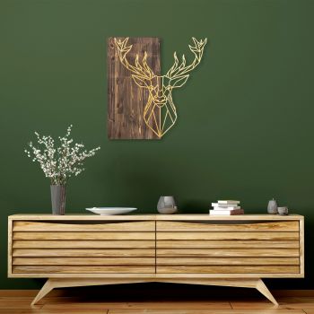 Decoratiune de perete, Deer1, 50% lemn/50% metal, Dimensiune: 56 x 58 cm, Nuc / Aur