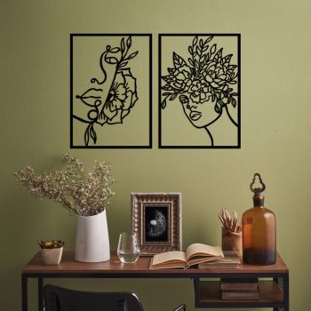 Decoratiune de perete, Flower Woman, Metal, 50 x 70 cm, 2 piese, Negru