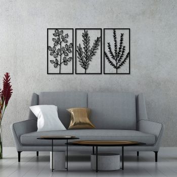 Decoratiune de perete, Flowers, Metal, 40 x 70 cm, 3 piese, Negru