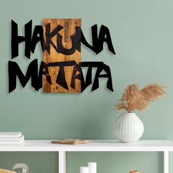 Decoratiune de perete, Hakuna Matata 5, Lemn/metal, Dimensiune: 77 x 3 x 58, Negru / Nuc deschis
