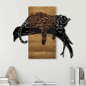 Decoratiune de perete, Leopard, Metal/lemn, Dimensiune: 66 x 3 x 58 cm, Nuc / Negru