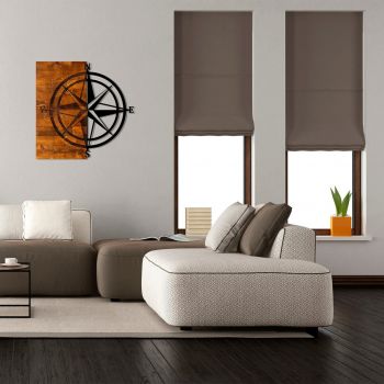 Decoratiune de perete, Pusula, 50% lemn/50% metal, Dimensiune: 58 x 58 cm, Nuc / Negru