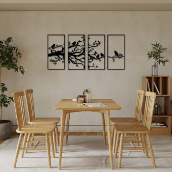 Decoratiune de perete, Tree Branch And Birds, Metal, 34 x 70 cm, 4 piese, Negru