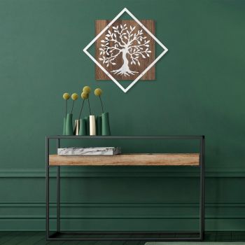 Decoratiune de perete, Tree v2, 50% lemn/50% metal, Dimensiune: 54 x 54 cm, Nuc / Argint