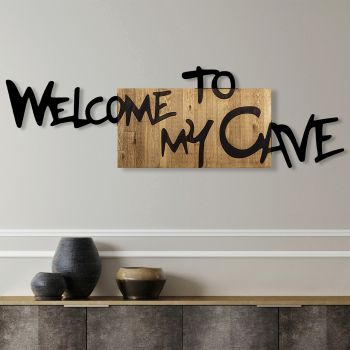 Decoratiune de perete, Welcome To My Cave, Metal/lemn, Dimensiune: 128 x 3 x 39 cm, Nuc / Negru