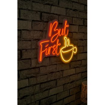 Decoratiune luminoasa LED, But First Coffee, Benzi flexibile de neon, DC 12 V, Roșu / galben