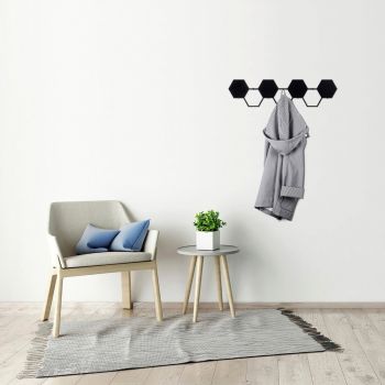 Cuier de perete, Hexagon, Metal, Dimensiune: 60 x 16 cm, Negru