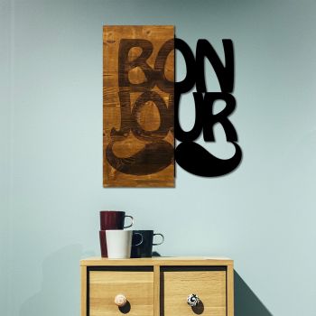 Decoratiune de perete, Bonjour, 50% lemn/50% metal, Dimensiune: 50 x 58 cm, Nuc / Negru
