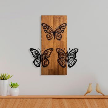 Decoratiune de perete, Butterflies 1, Lemn/metal, Dimensiune: 47 x 58 cm, Nuc / Negru