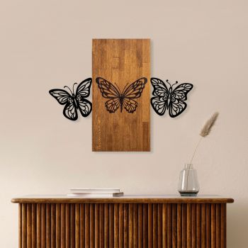 Decoratiune de perete, Butterflies 2, Lemn/metal, Dimensiune: 74 x 58 cm, Nuc / Negru