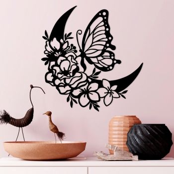 Decoratiune de perete, Butterfly And Flower 2, Metal, Dimensiune: 47 x 1,5 x 49 cm, Negru