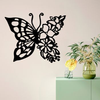 Decoratiune de perete, Butterfly From Flower, Metal, Dimensiune: 59 x 1,5 x 49 cm, Negru