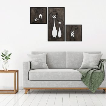 Decoratiune de perete, Cat Family Set, Placaj, 30 x 30 cm, 2 piese, Alb/Negru