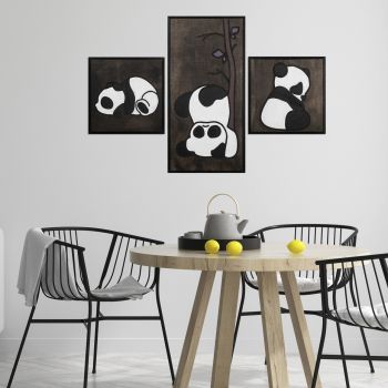 Decoratiune de perete, Panda Family, Placaj, 30 x 30 cm, 2 piese, Alb/Negru